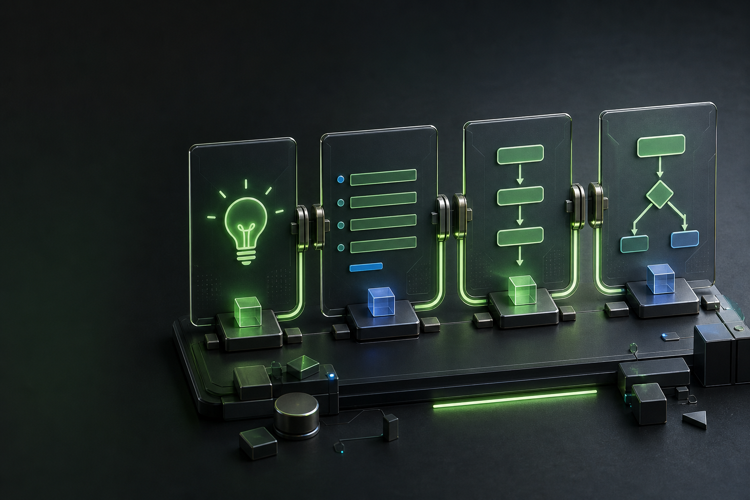 Four connected AI building tools for ideas, prompts, task planning and next steps