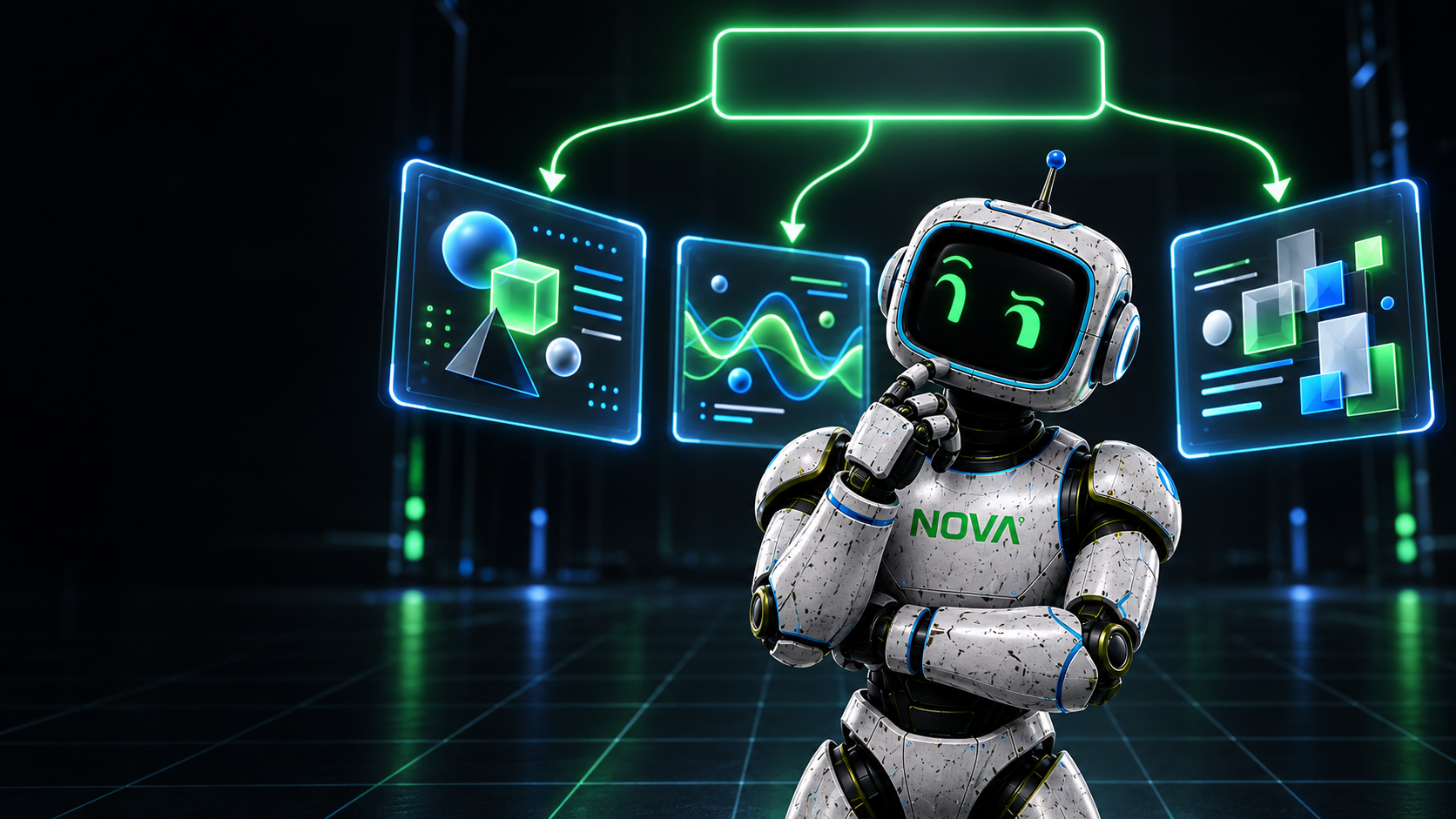 White robot with green eyes in a neon tech control room, surrounded by glowing data screens