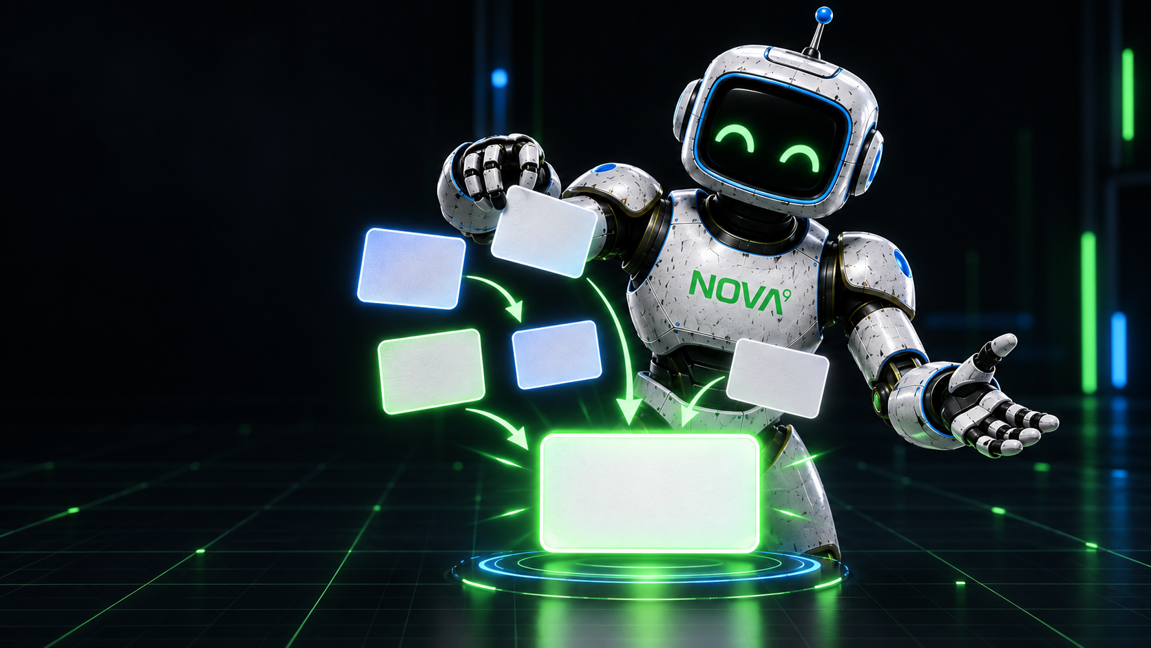 Smiling white robot with glowing green eyes and floating screens in a neon digital scene