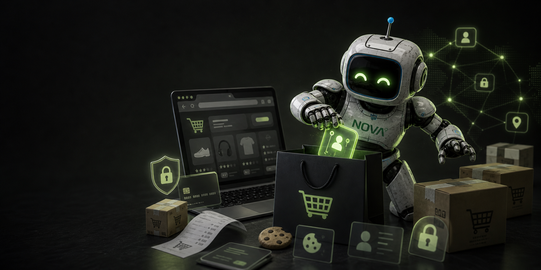 Robot at a laptop with glowing green cyber icons, surrounded by boxes and digital security symbols.