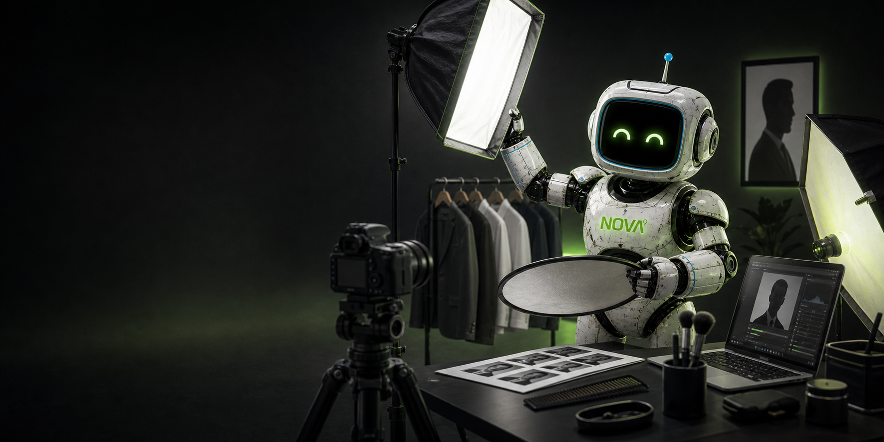 Small robot at a desk with camera, microphone, keyboard, and bright studio light in a dark room