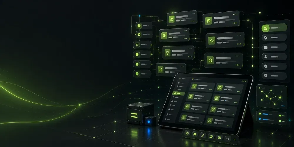 Dark green futuristic dashboard with glowing charts, widgets, and analytics panels on a black background