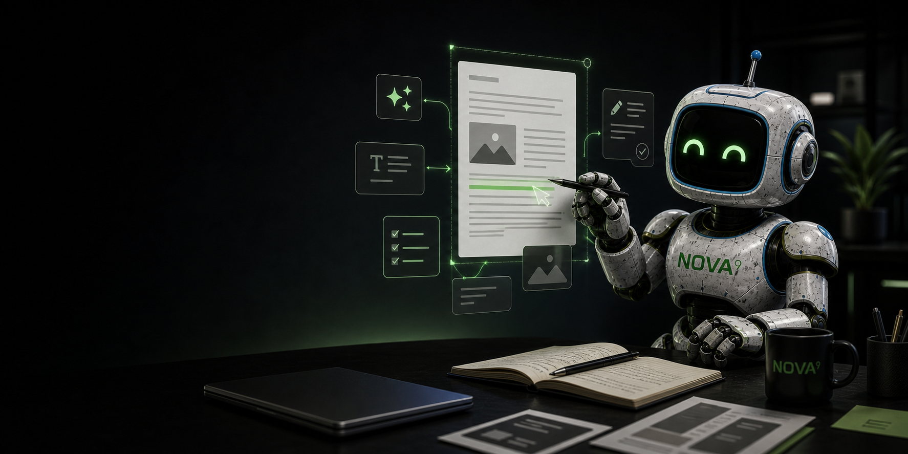 Robot at a desk working on a laptop in a dark, futuristic office with floating screens