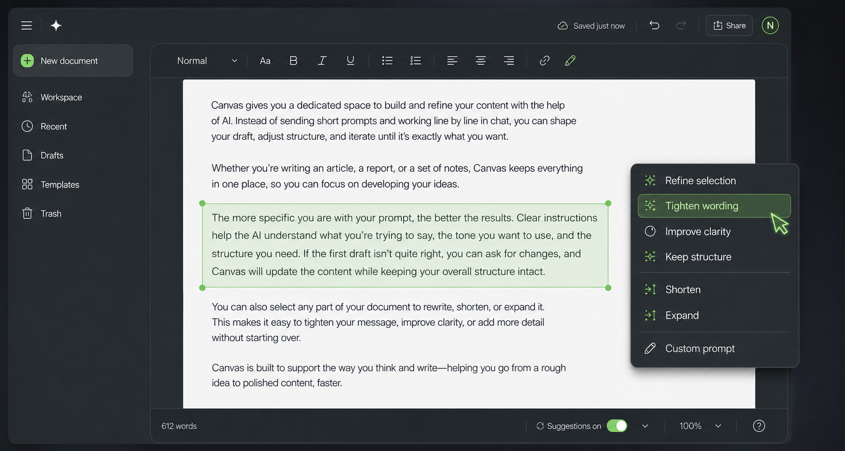Screenshot-style explainer showing text highlighted inside a Canvas document with an editing menu for refining the selected section.