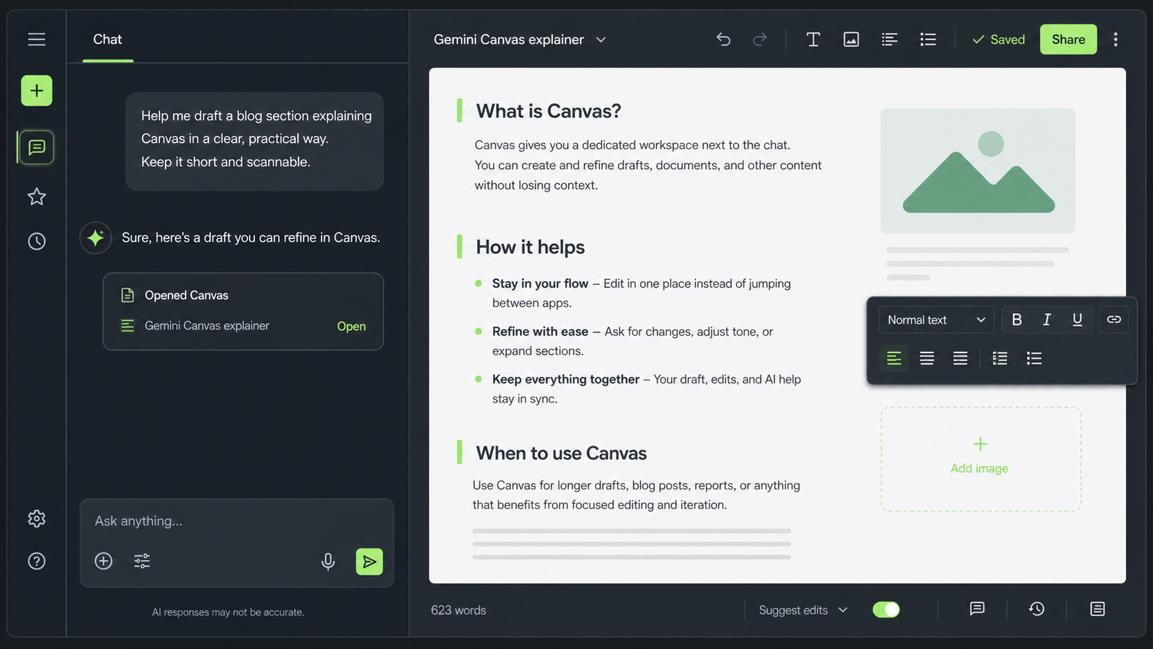 Screenshot-style explainer showing a Gemini Canvas workspace with chat on one side and a working draft on the other.