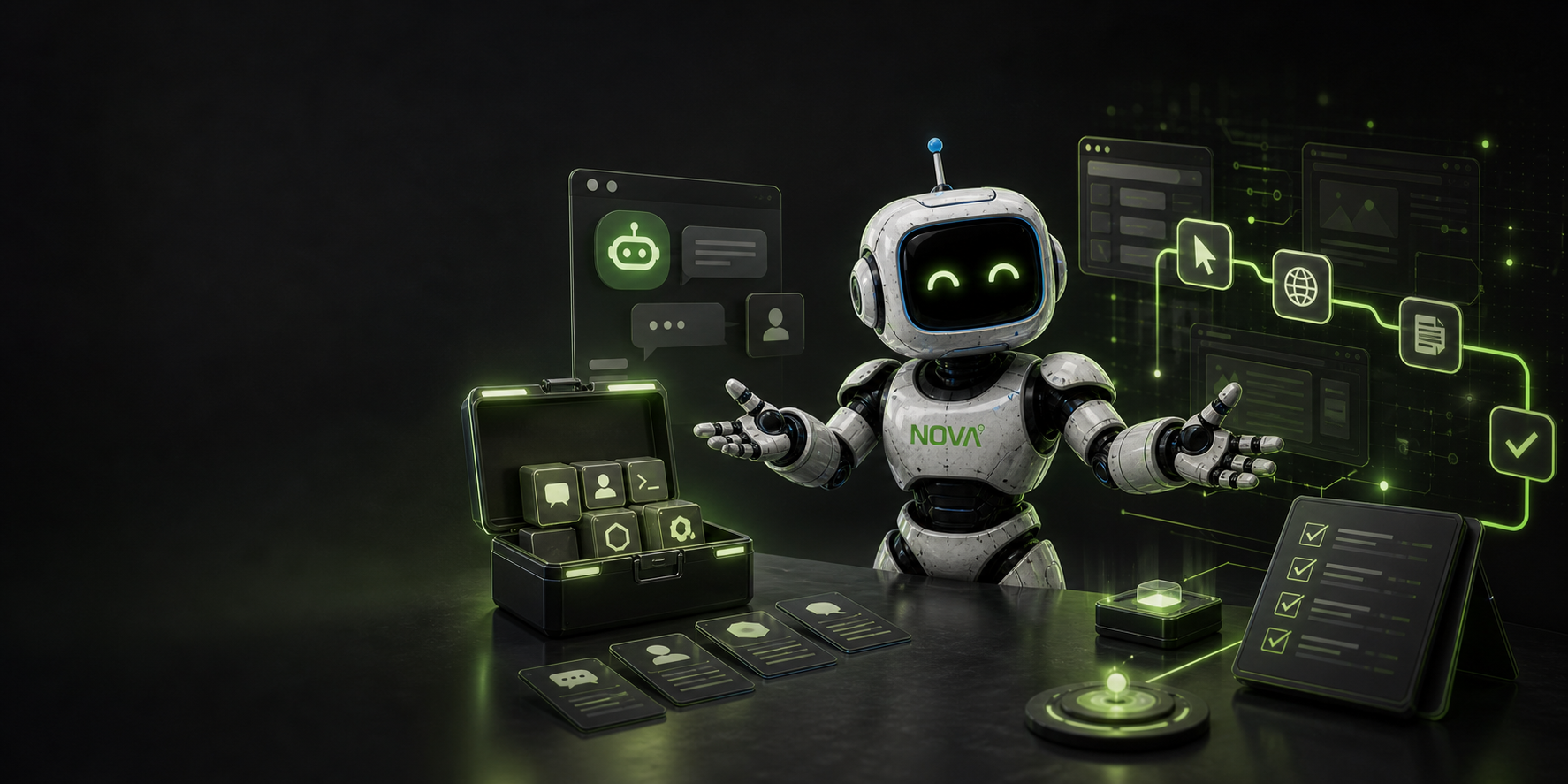 Futuristic robot assistant at a glowing AI workspace with digital screens and icons