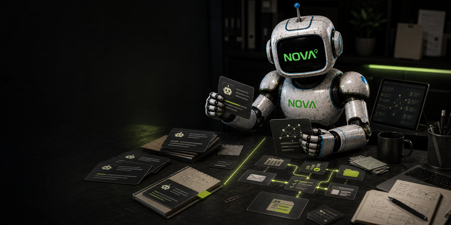 Small robot sits at a desk with glowing monitors and papers in a dark, high-tech room