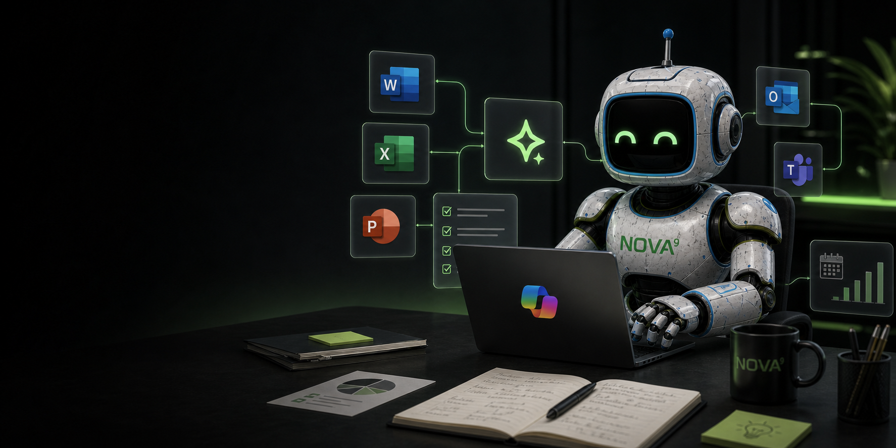 Cute robot at a laptop in a dark tech workspace, with floating app icons and glowing screens