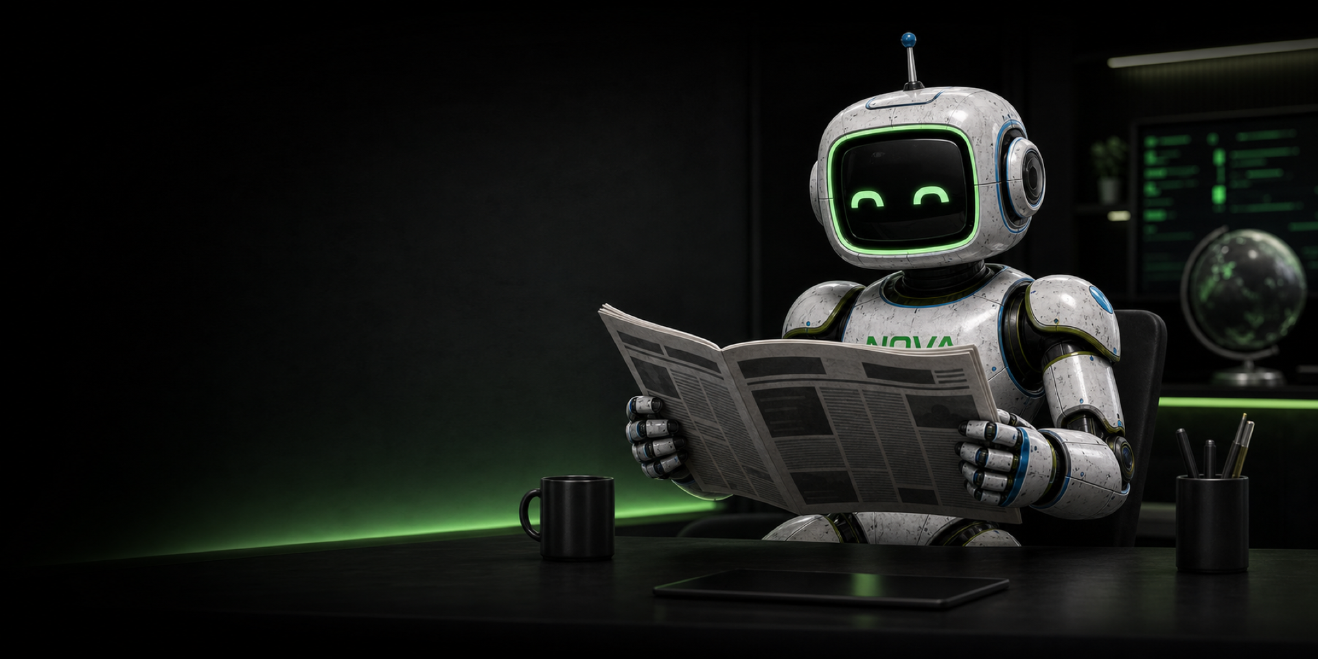 Robot reading a newspaper at a desk in a dim, green-lit room
