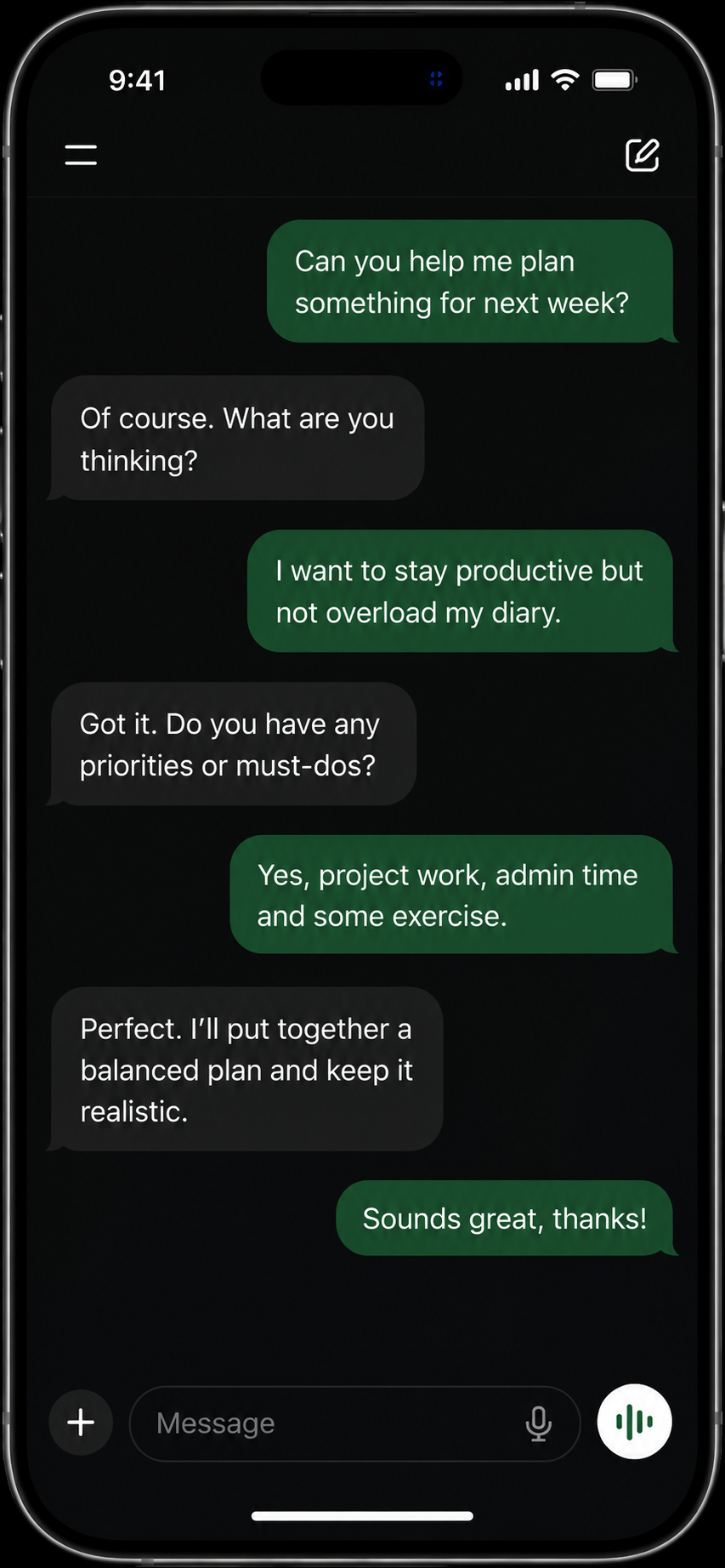 Example message conversation before switching to voice mode.
