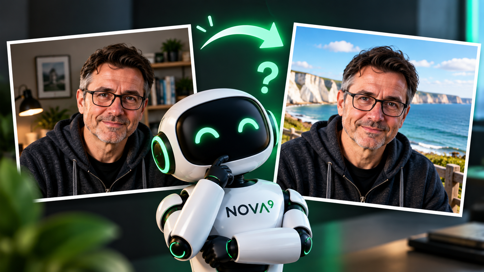 AI image editing example showing the same person in a home office and coastal setting