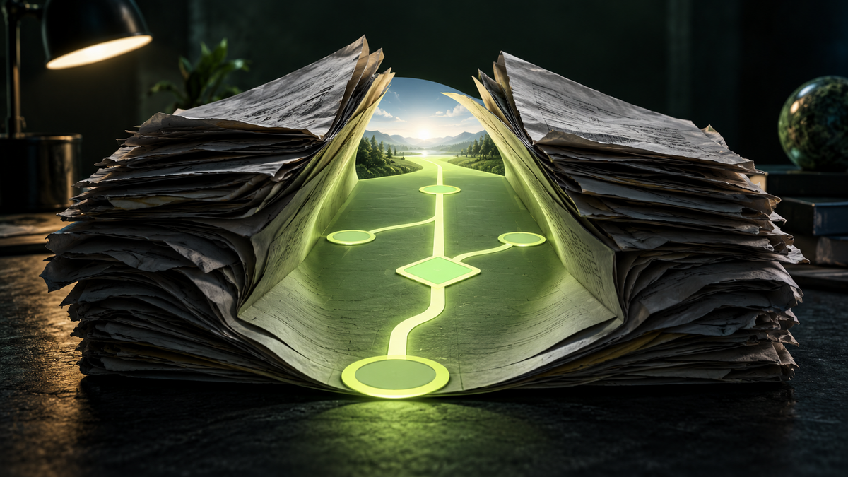 Open book with glowing green symbol on pages in a dark, mystical setting
