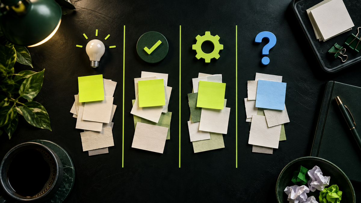 Sticky notes sorted in four columns under lightbulb, check, gear, and question icons on a dark desk.