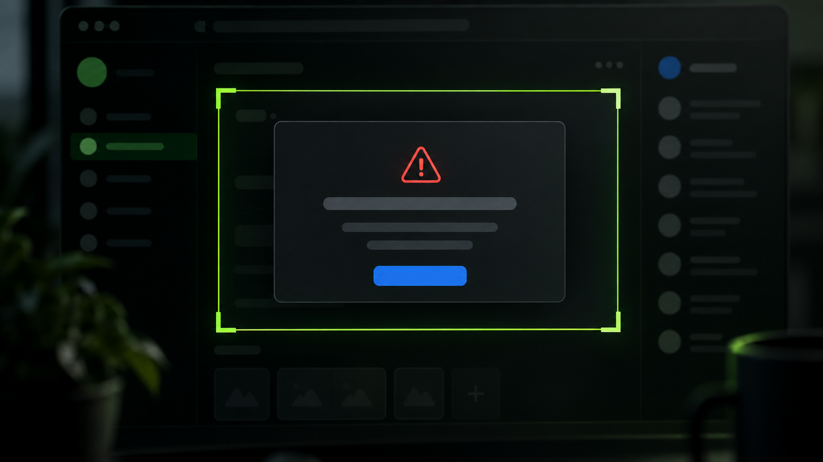 Dark dashboard with a centered alert dialog outlined in green and a red warning icon.