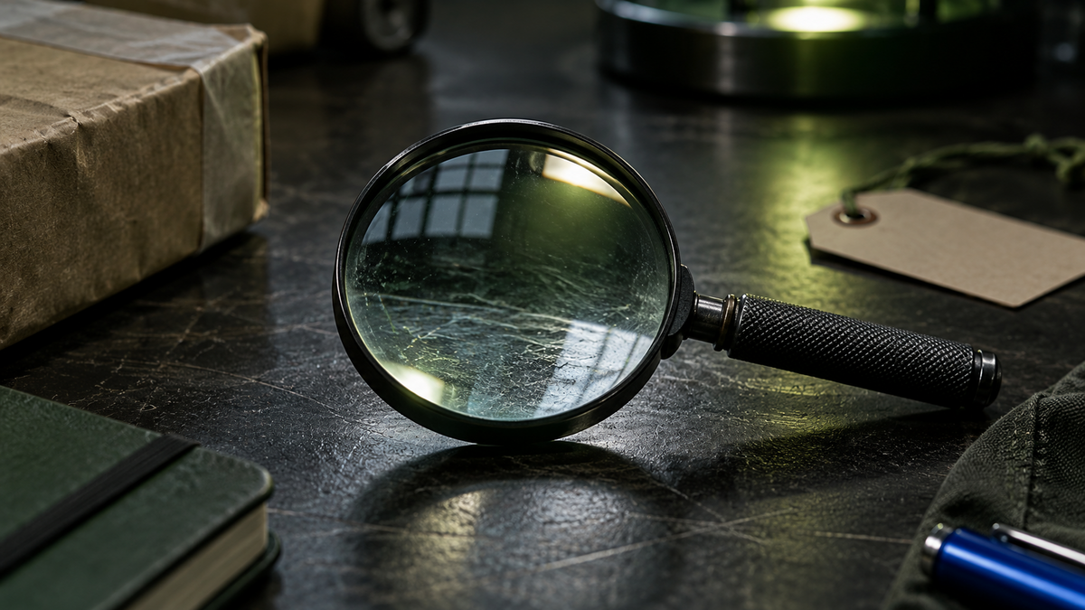 Magnifying glass on a dark desk beside a box and small gadgets
