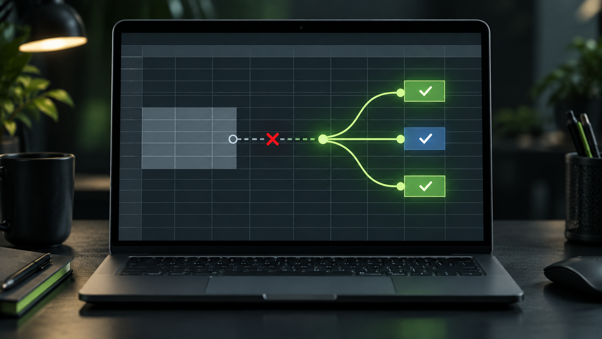 Laptop displaying a branching AI decision flow with green checkmarks and a red X on a dark desk
