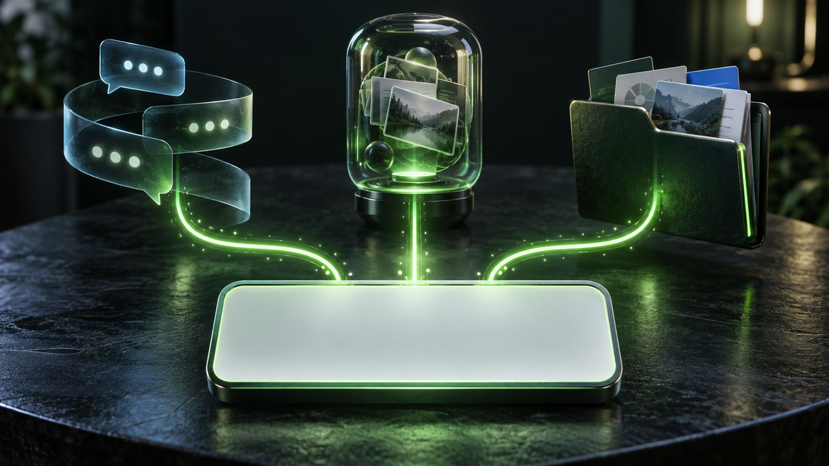 Glowing green network links a laptop to chat icons, a game controller, and a folder on a dark desk