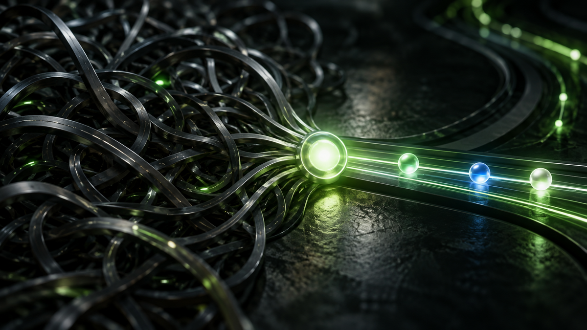 Glowing green and blue light orbs on a dark abstract network of intertwined cables