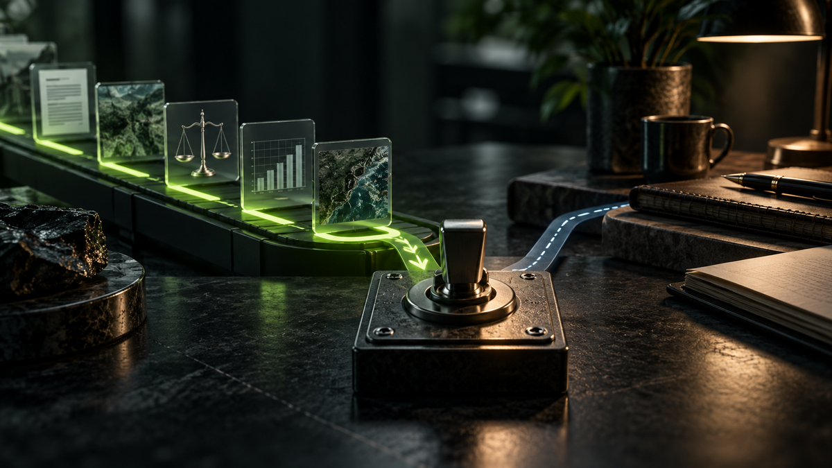 Dark desk with green glowing charts and a small device in a futuristic workspace