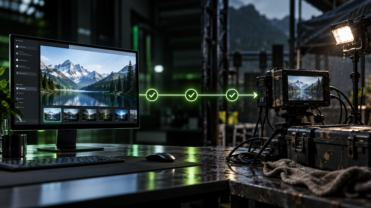 Modern gaming desk with ultrawide monitor, green neon accents, and small display in a dark studio