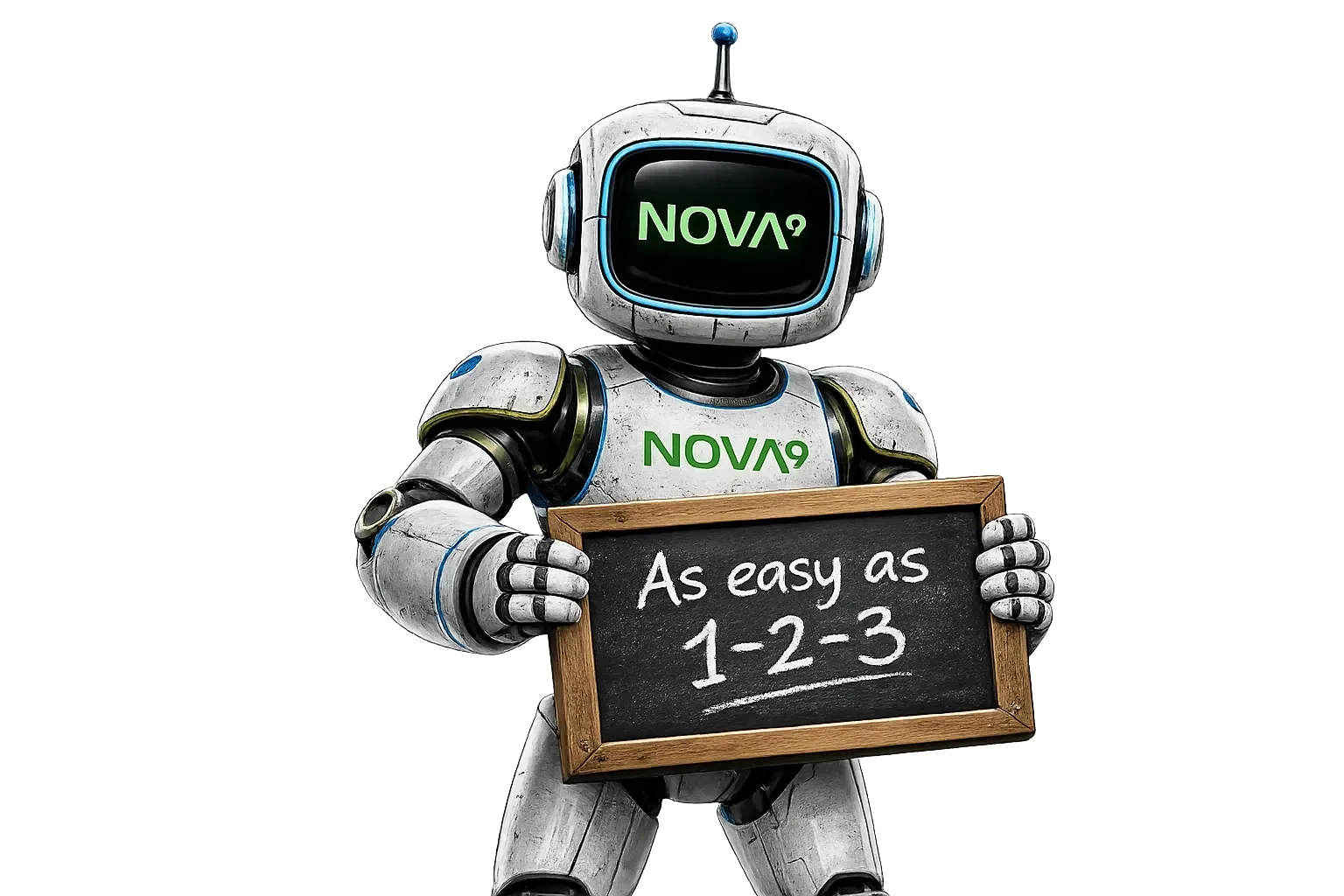 White robot holding a chalkboard that reads “As easy as 1-2-3” with NOVA on its head and chest
