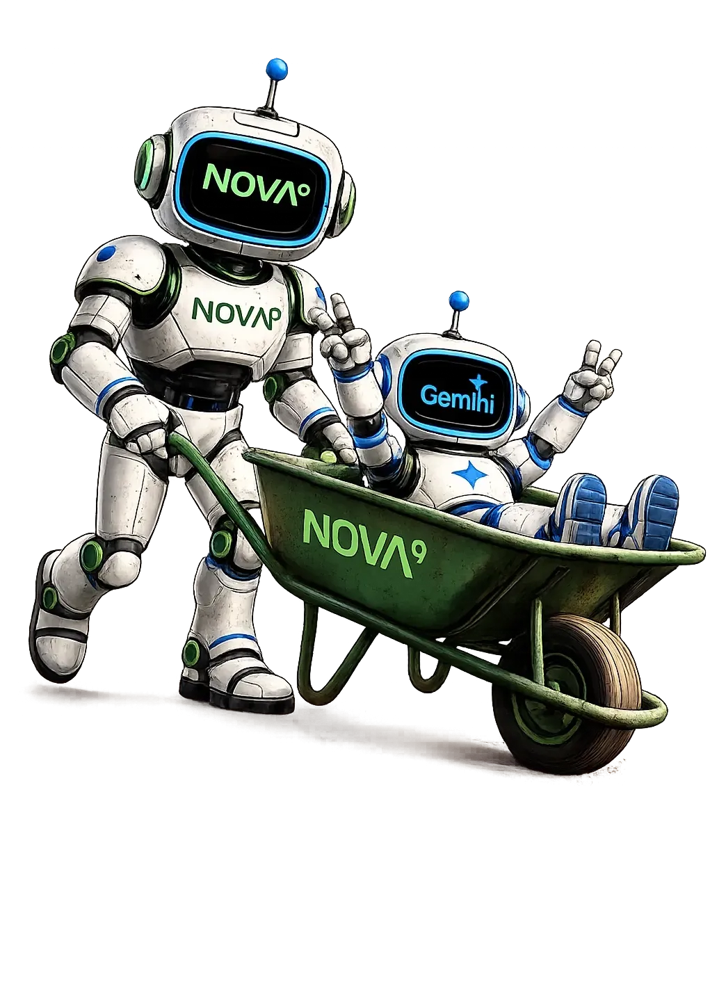 Two white robots with NOVA branding push a green wheelbarrow loaded with blue items.