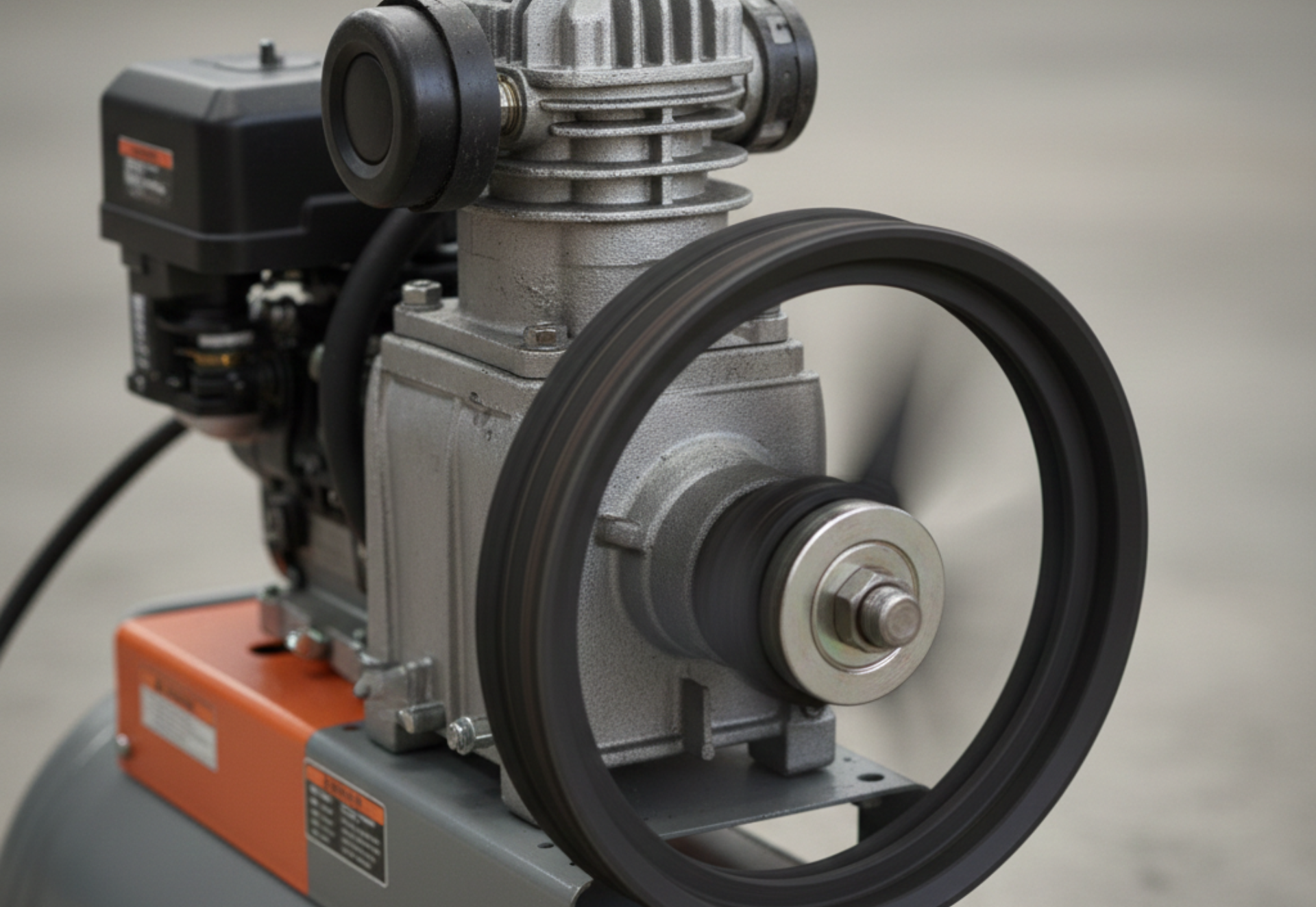 Gray and orange air compressor with a large black belt spinning.