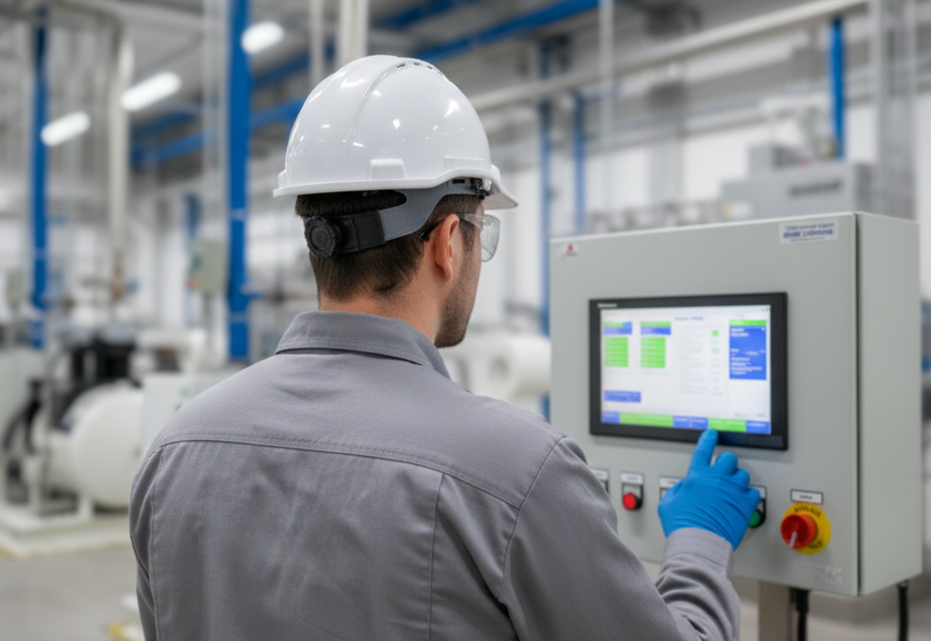 Man in hard hat and gloves operating machinery touchscreen in a factory setting.