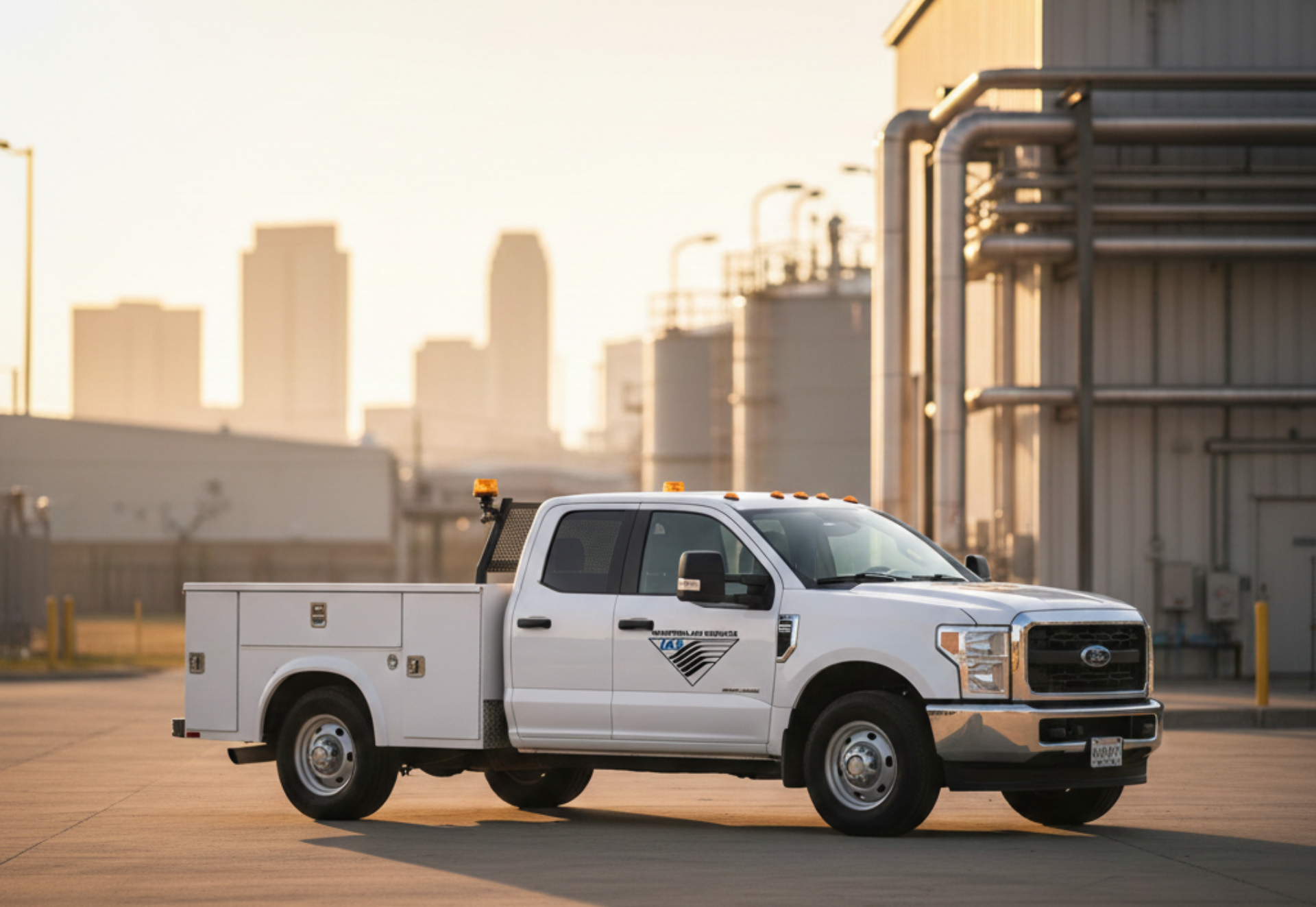 White work truck parked in front of industrial buildings and city skyline.