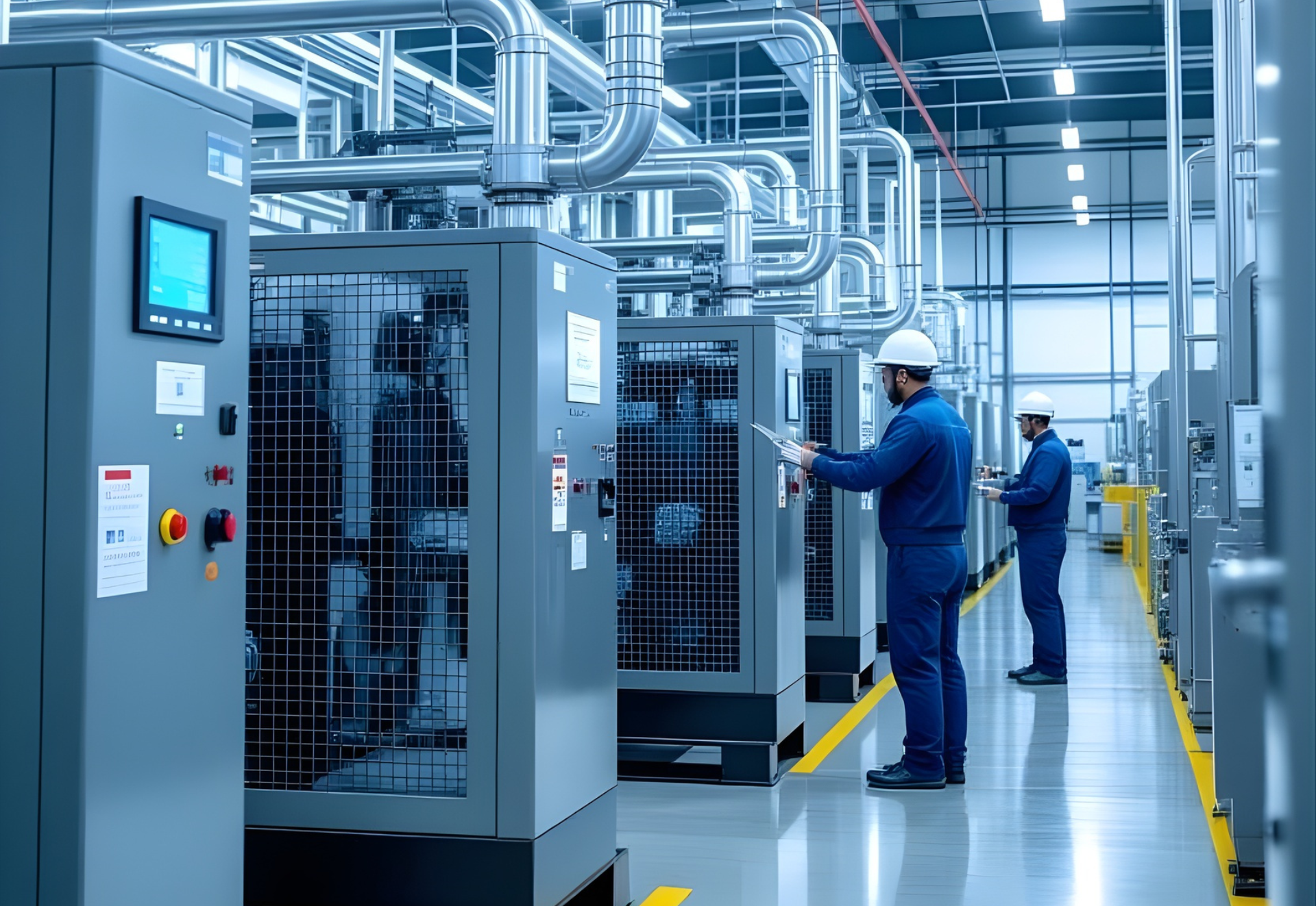Factory workers in blue coveralls check equipment in a large industrial setting.