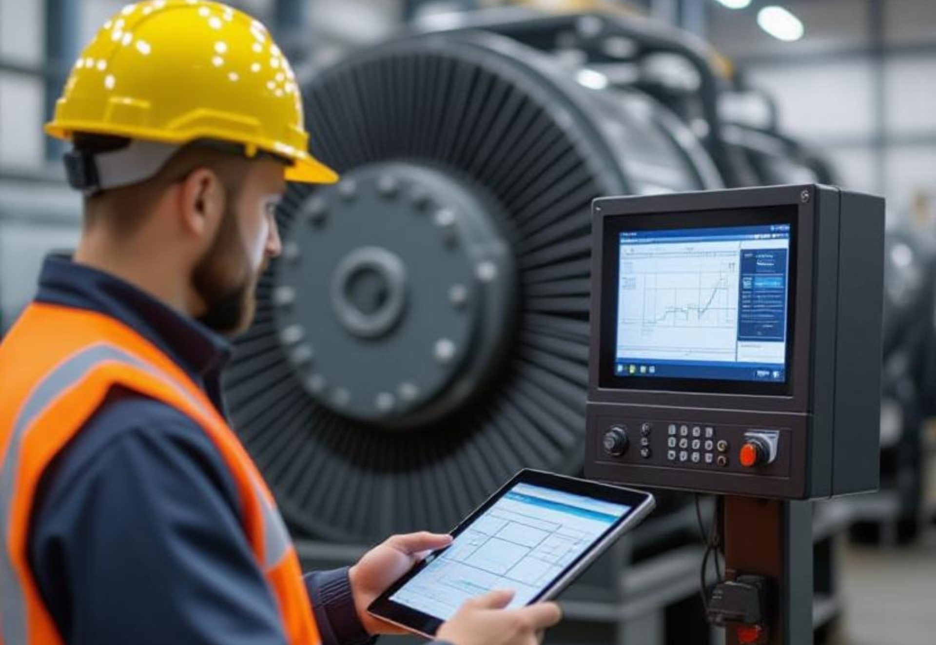 Technician in safety gear monitors machinery data on a tablet and screen in a factory setting.