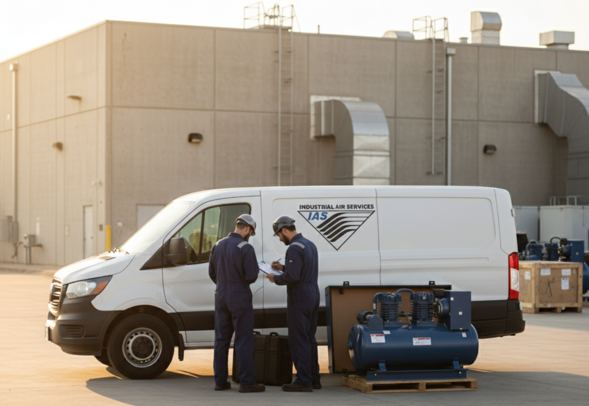 Two technicians in blue uniforms with a white service van, next to equipment outside a building.