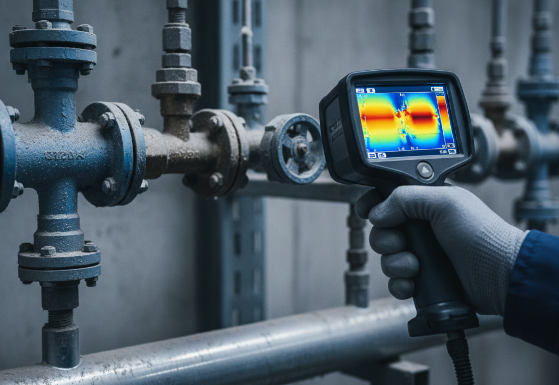 Hand holding thermal camera pointed at industrial pipes, displaying heat variations.