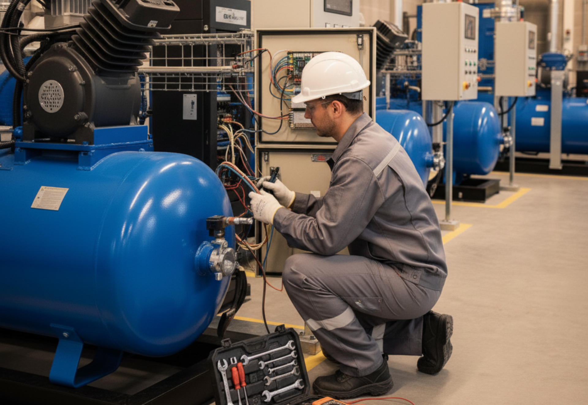 A mechanic in a hard hat repairs a blue industrial air compressor in a facility.