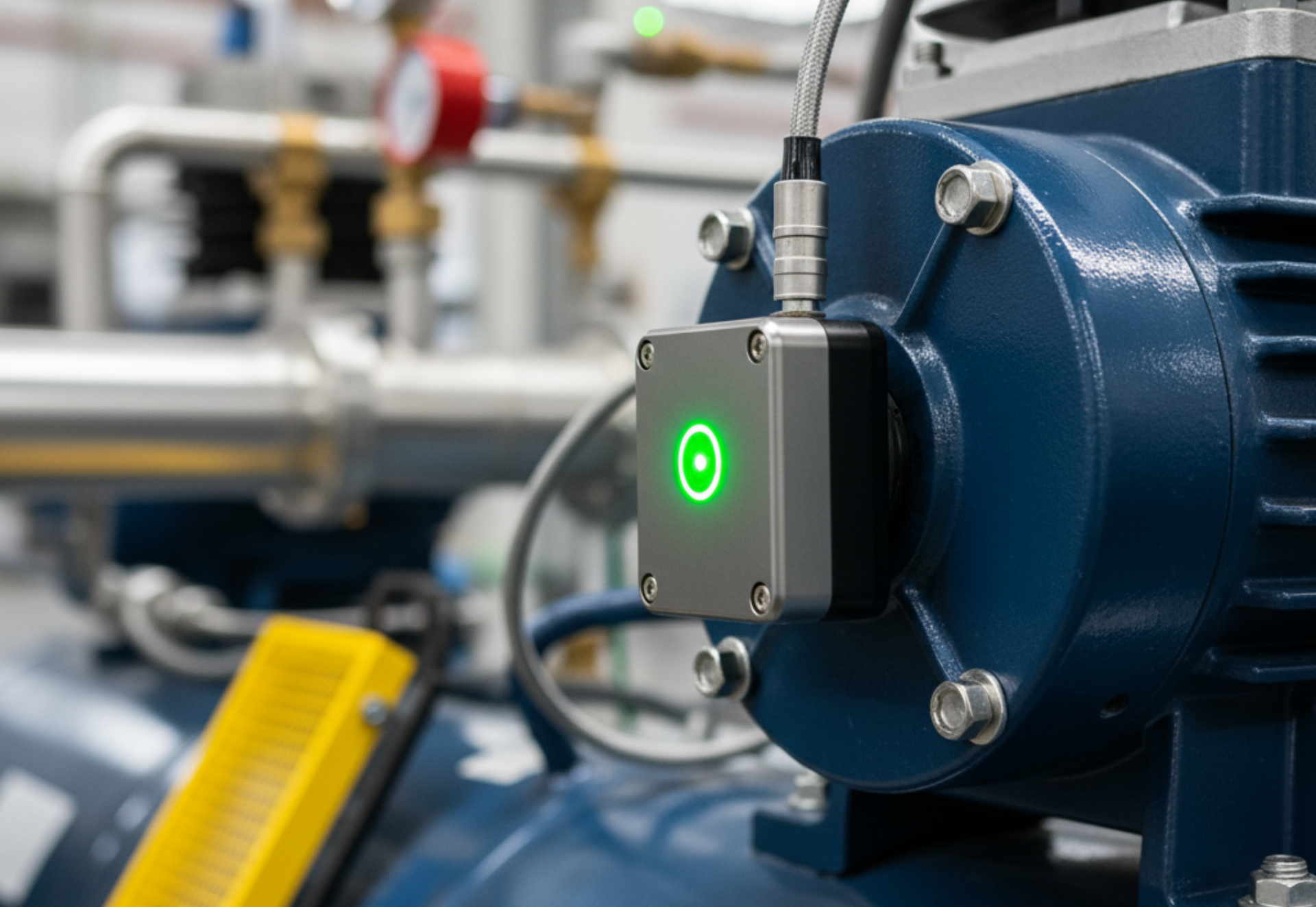 Green-lit sensor on a blue industrial machine, with pipes in the background.