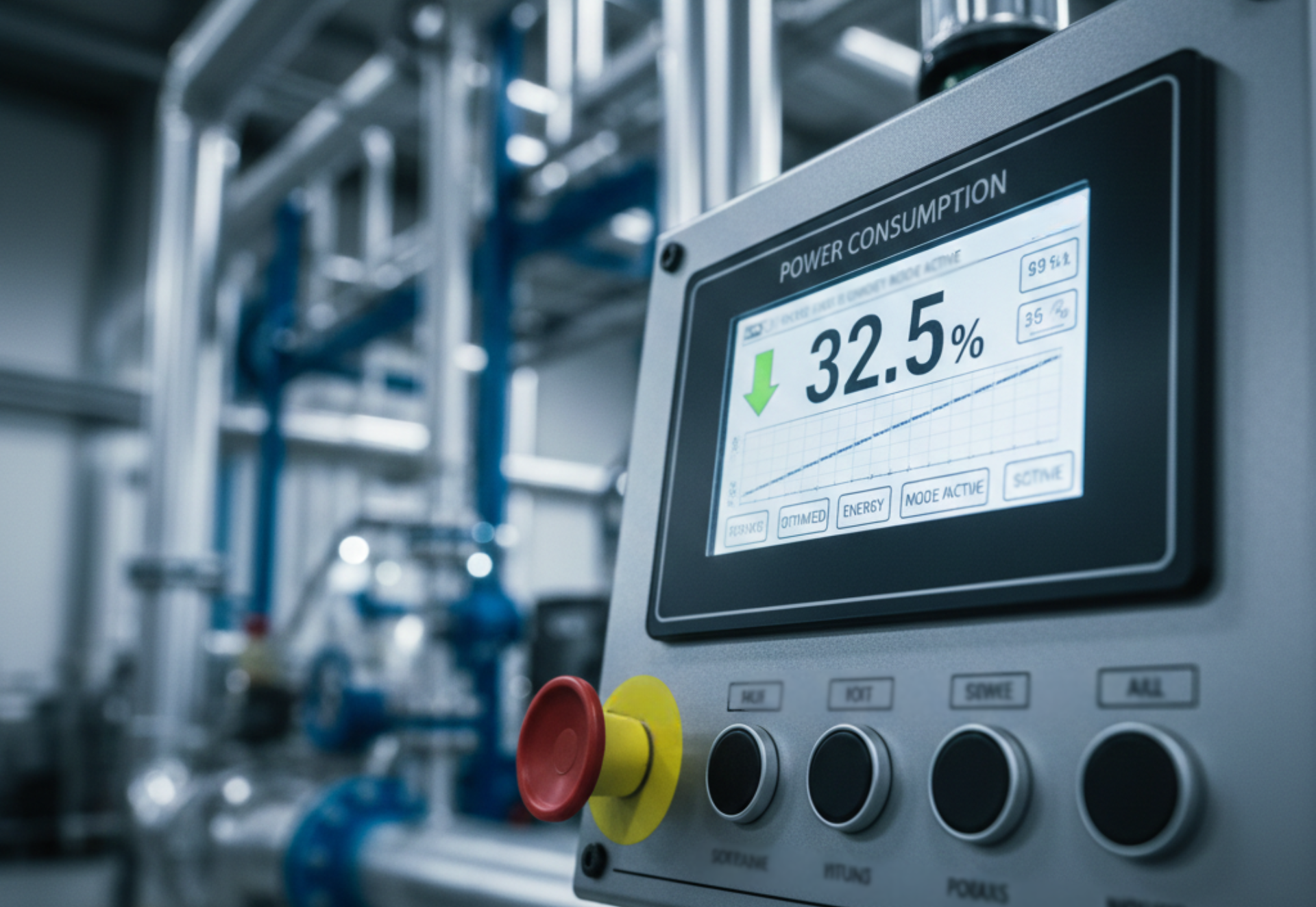 Control panel displaying 32.5% power consumption in a factory setting, with blue pipes in the background.