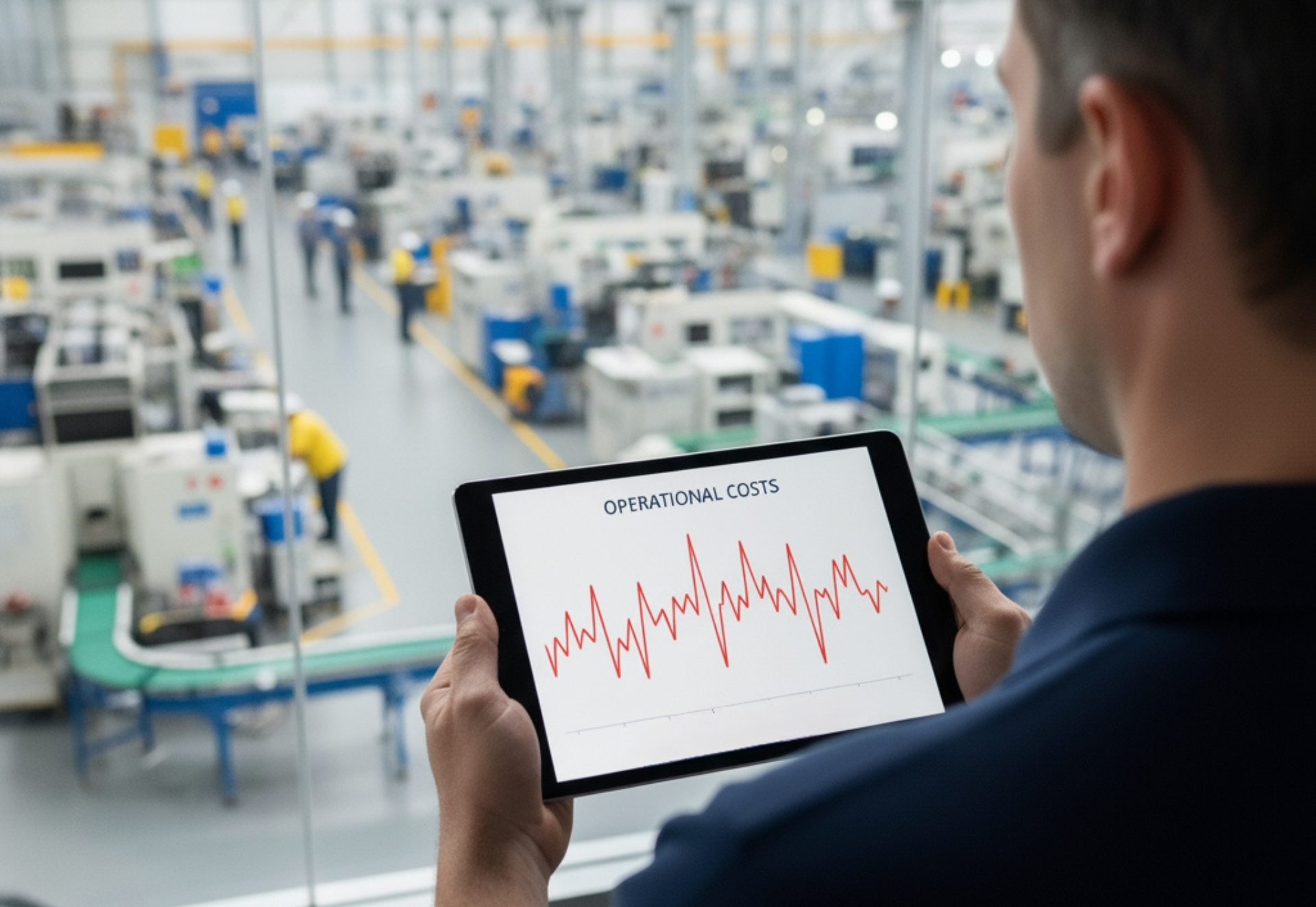 A man holding a tablet displaying a graph, overseeing a factory floor.