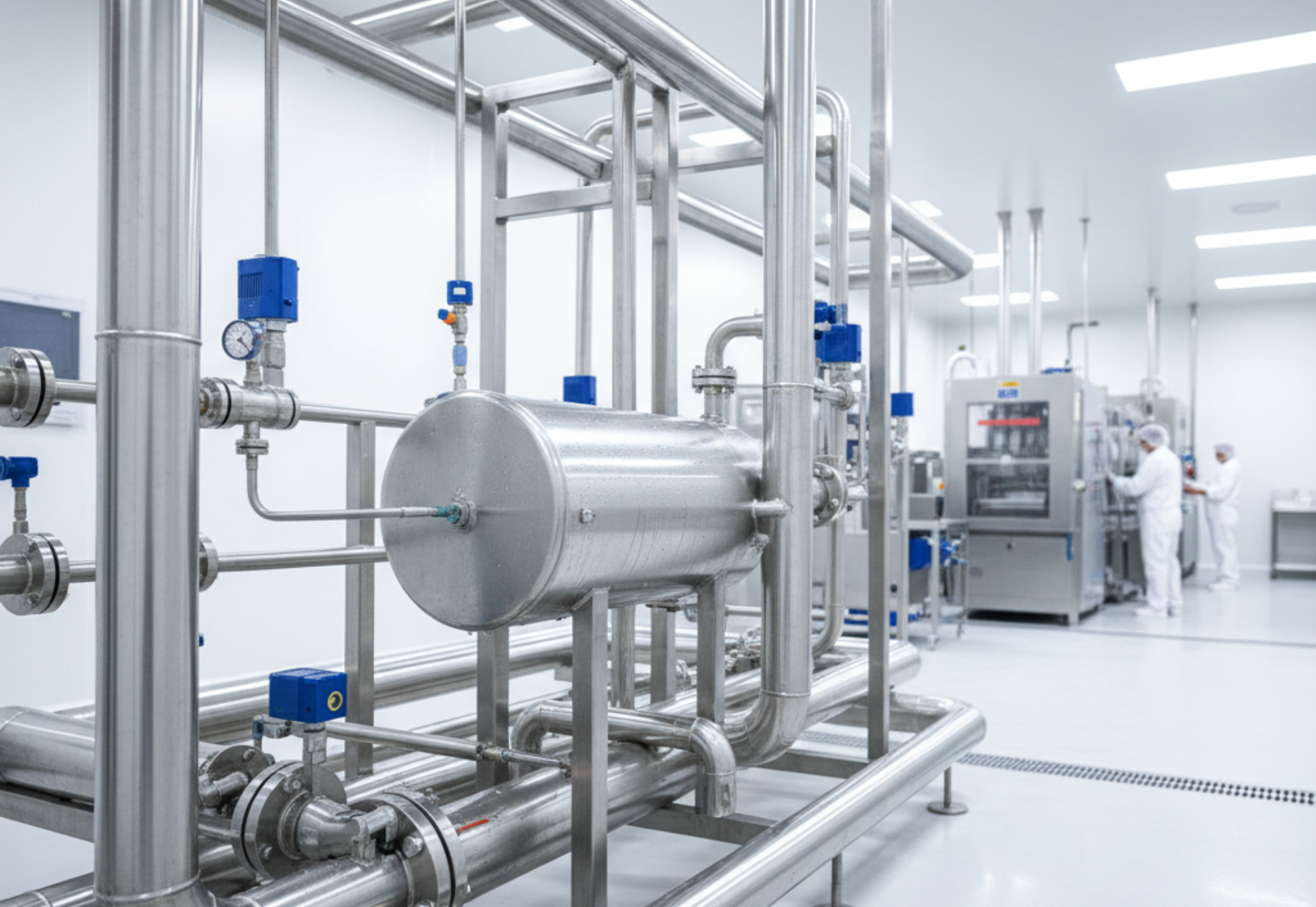 Stainless steel pipes, valves, and tank in a cleanroom with technicians in white suits.