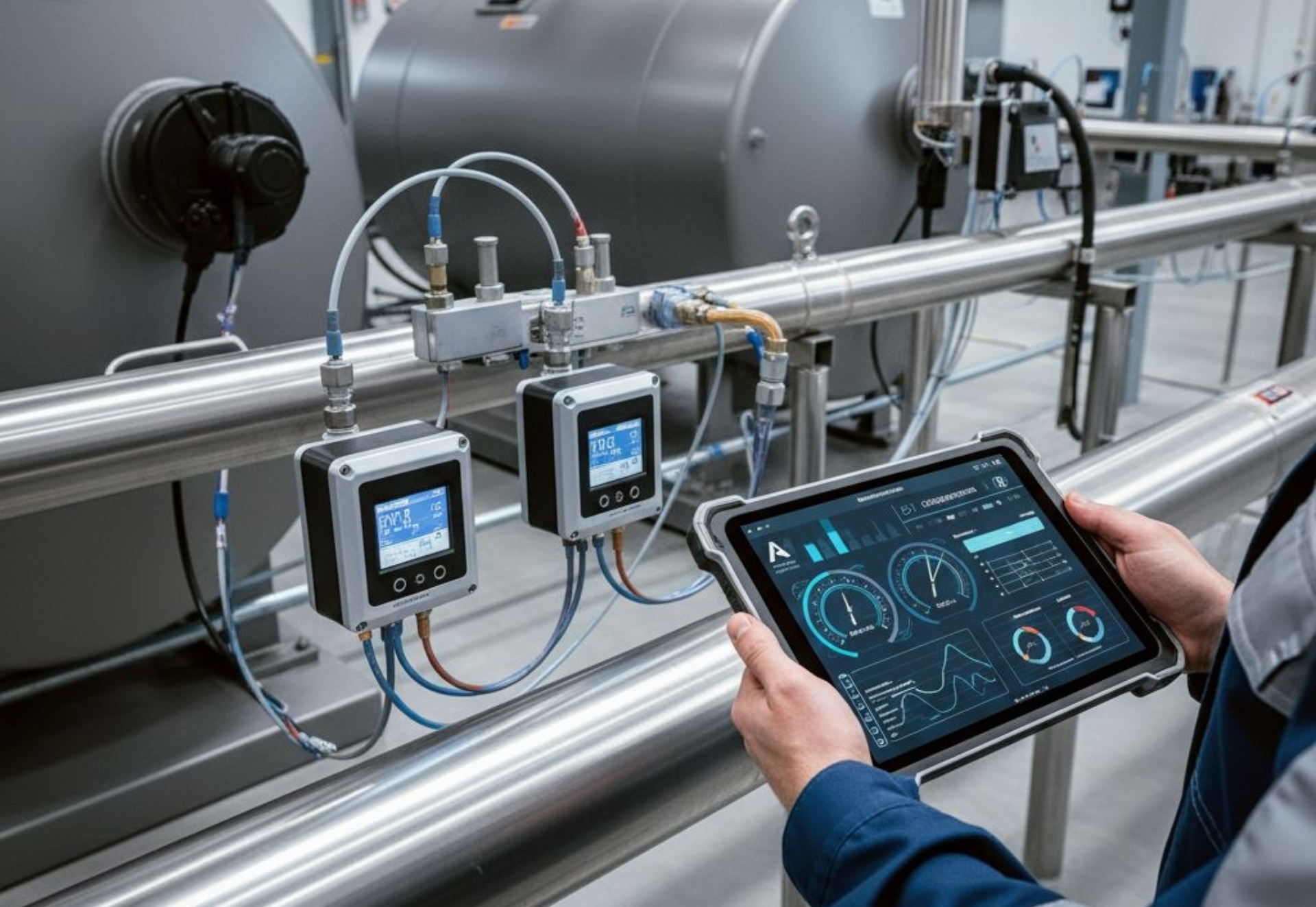 A person using a tablet to monitor industrial equipment with gauges and tubing.