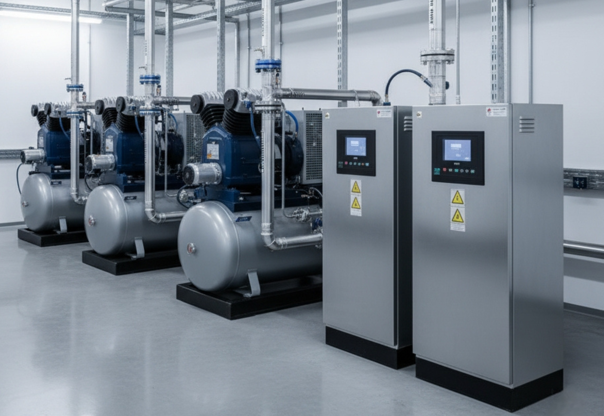 Industrial refrigeration equipment in a sterile white room. Several units with blue motors, silver tanks, and control panels.