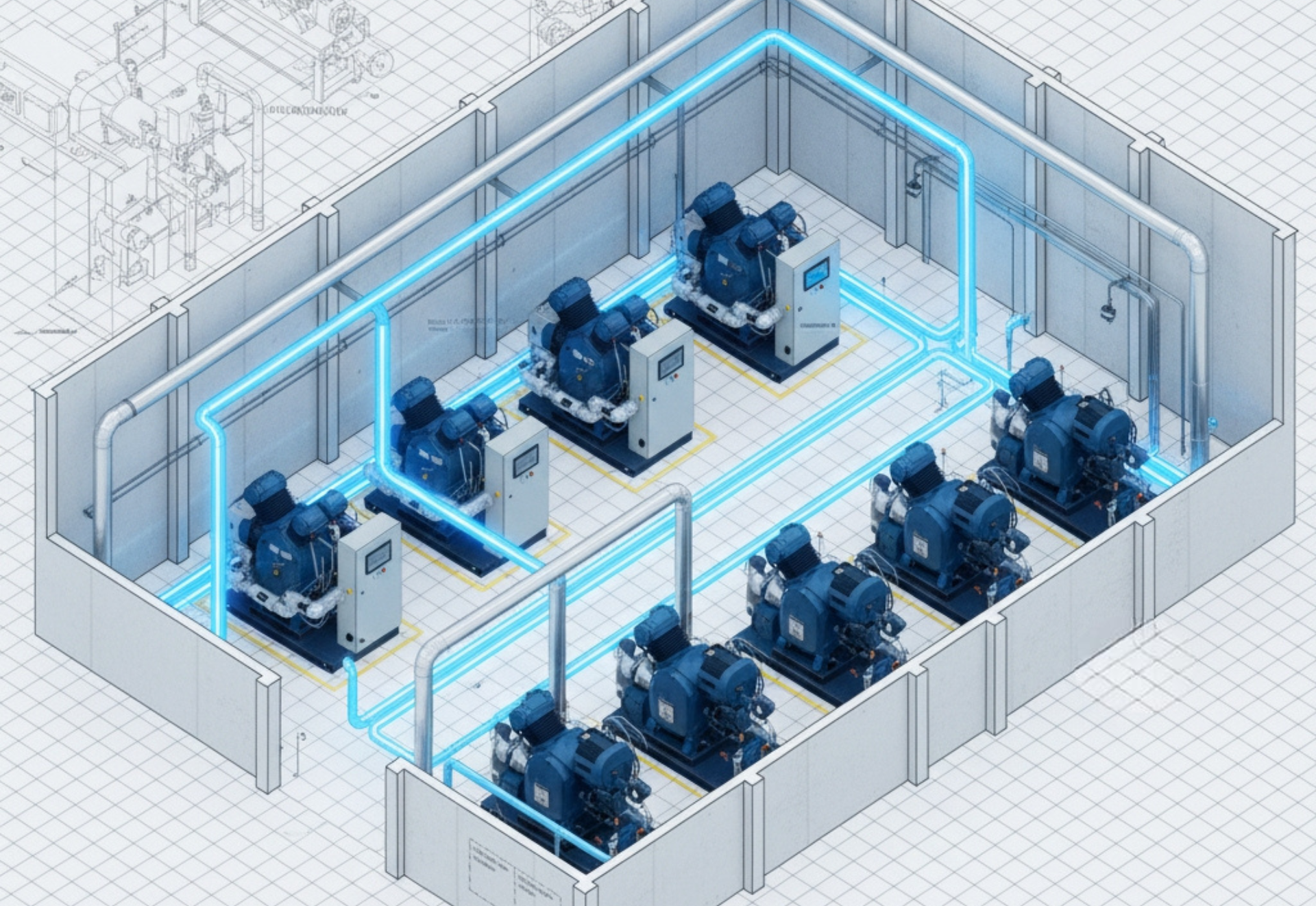 Isometric view of industrial machinery within a building, connected by blue pipes.