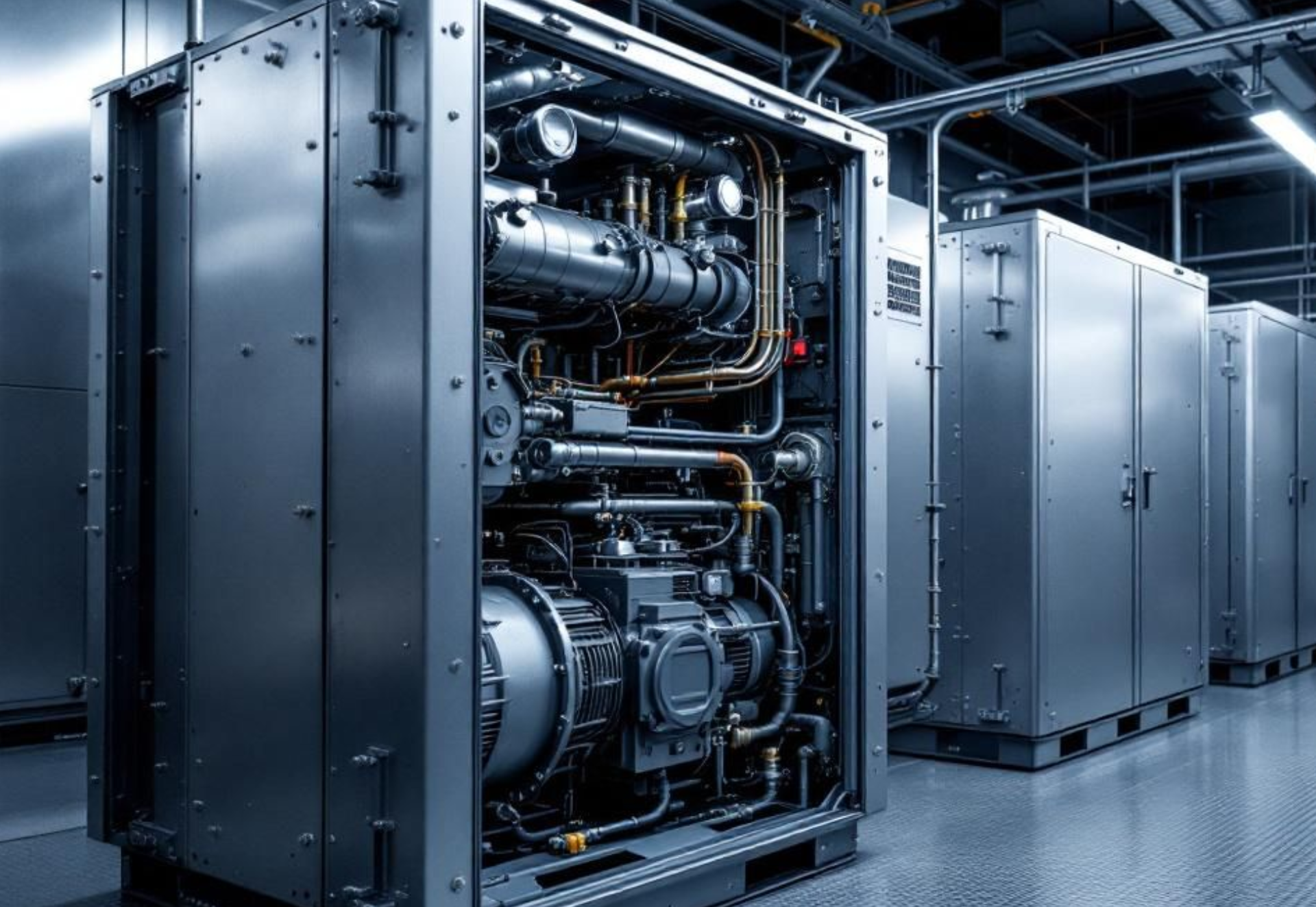 Metallic industrial machinery with exposed pipes and components inside a gray metal cabinet, in a row.