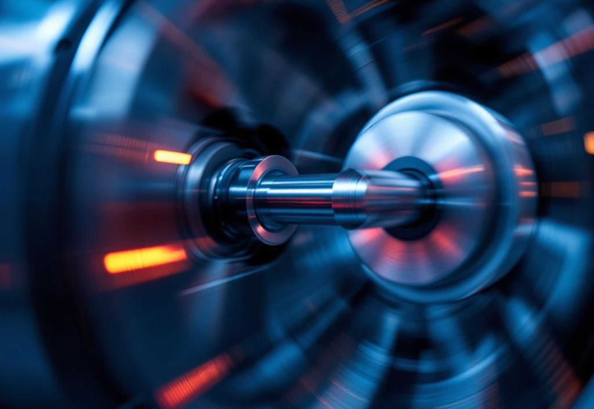 Rotating metal lathe; sparks fly.