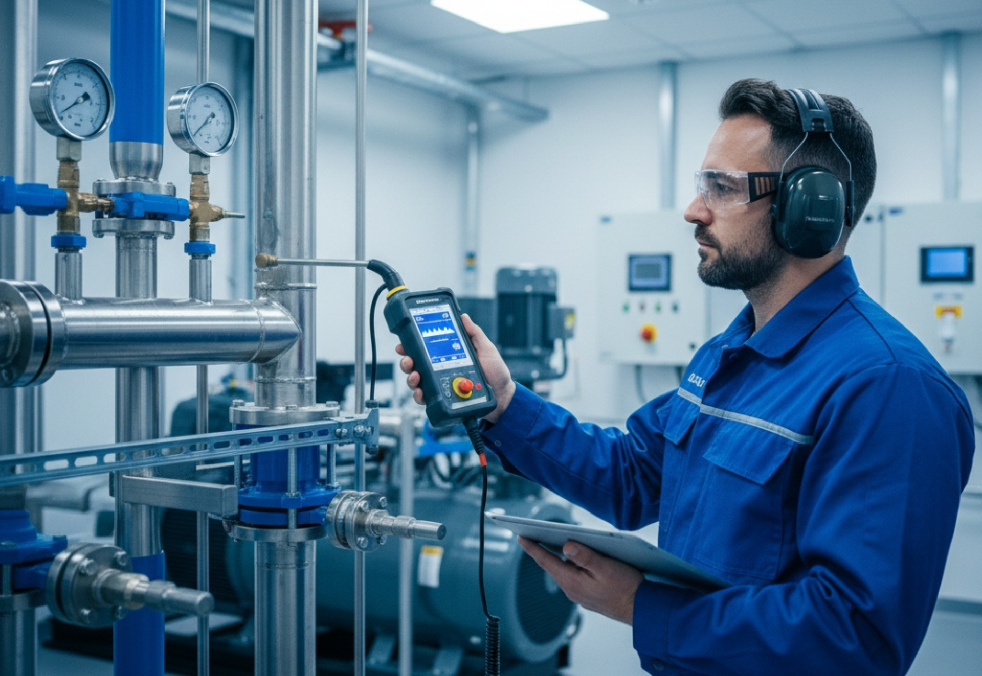 Man in blue jumpsuit and safety gear inspecting pipes with a device in a factory setting.