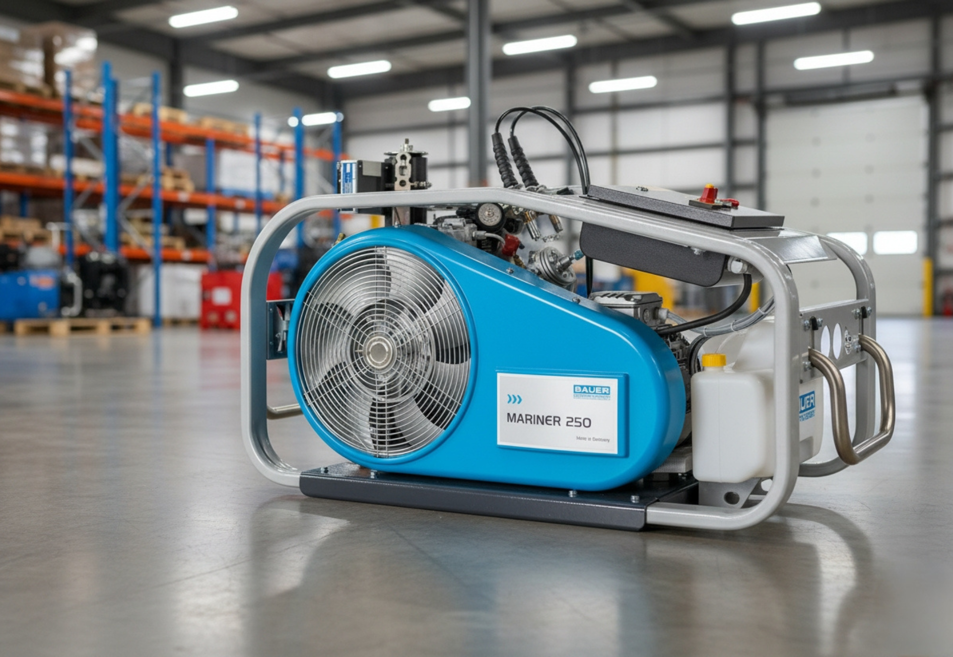 Blue and silver air compressor on a concrete floor in a warehouse.
