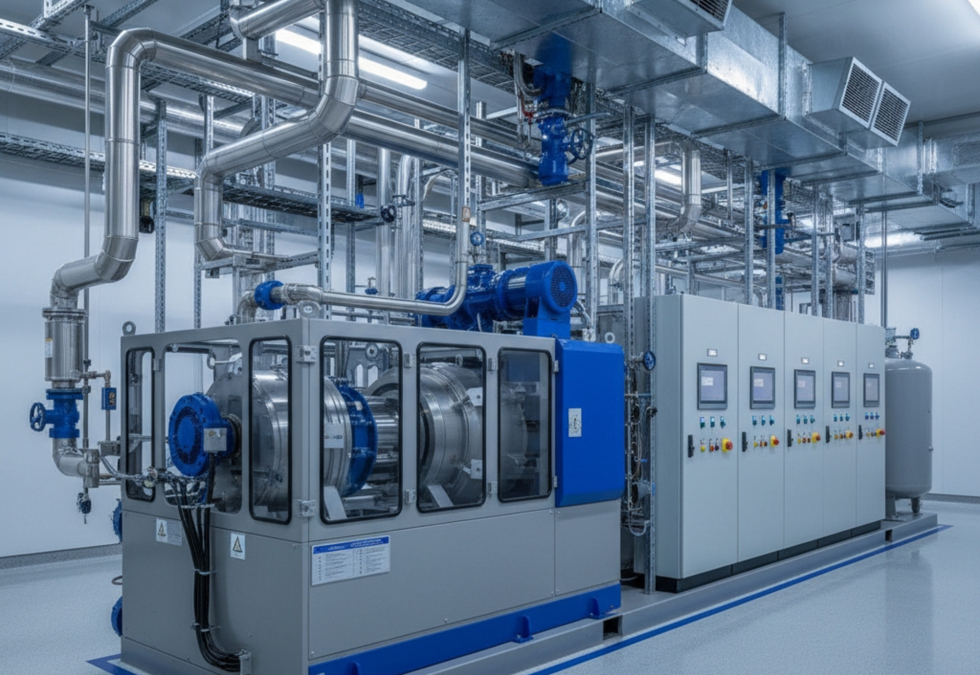 Industrial machinery with blue and silver components, pipes, and control panels in a clean, brightly lit room.