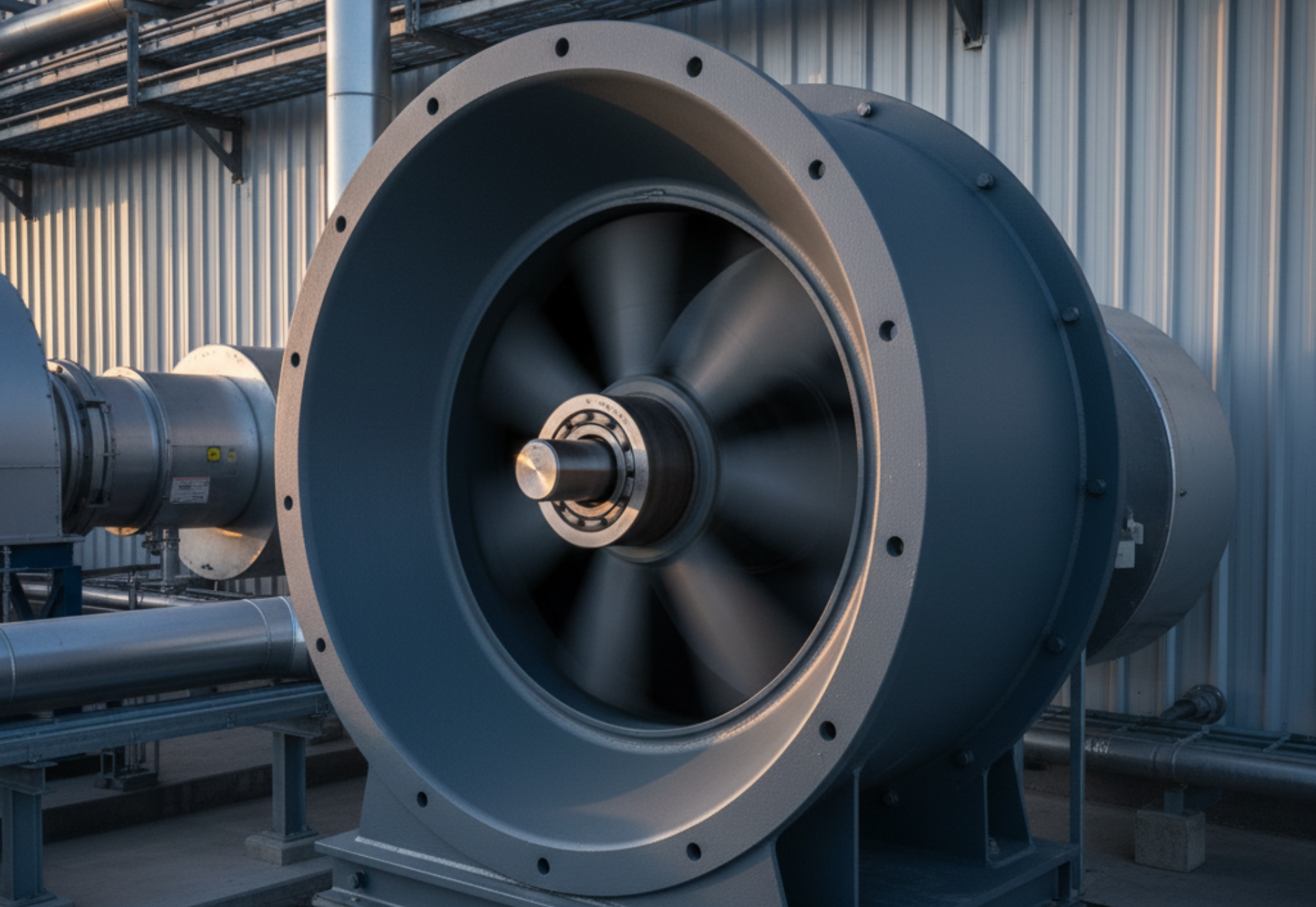 Large industrial fan with rotating blades, outdoors. Gray metal housing, pipes visible.