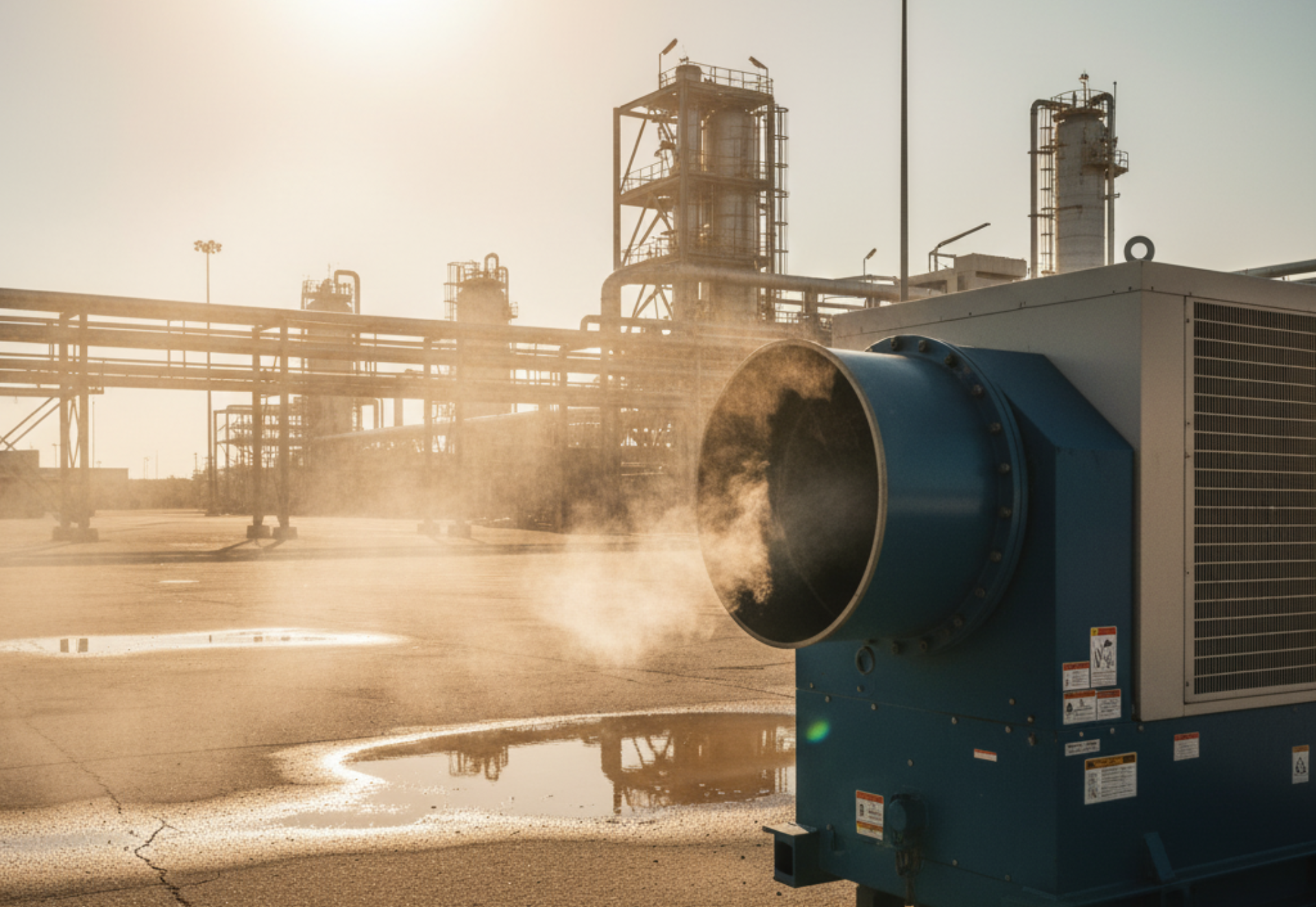 Blue industrial fan emitting steam in front of an oil refinery under a sunny sky.
