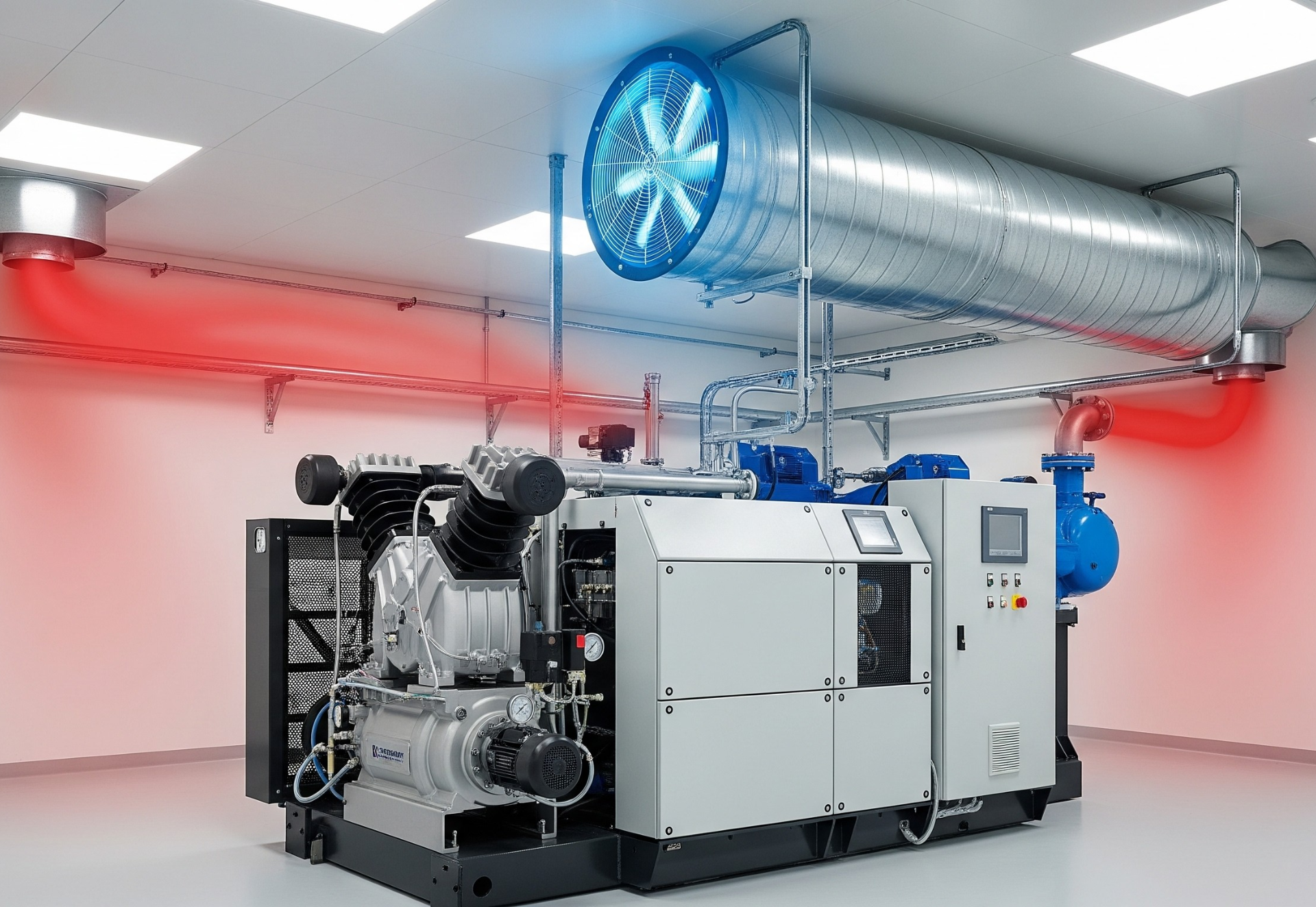 Industrial machine with a ventilation system; red and blue airflow, metallic ductwork.