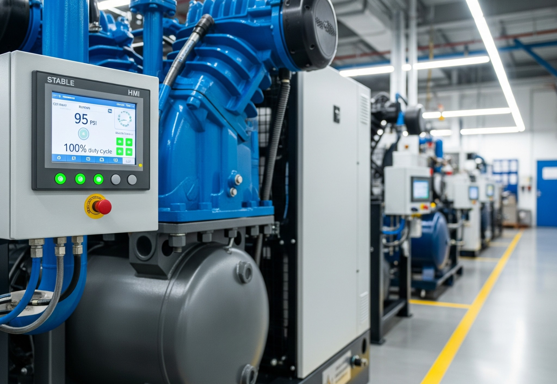 Industrial air compressors in a factory setting, blue and gray machinery with control panels and safety button.